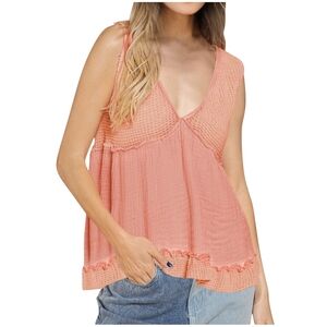 New POL Orange Waffle Babydoll Top Size L Crop Raw Hem